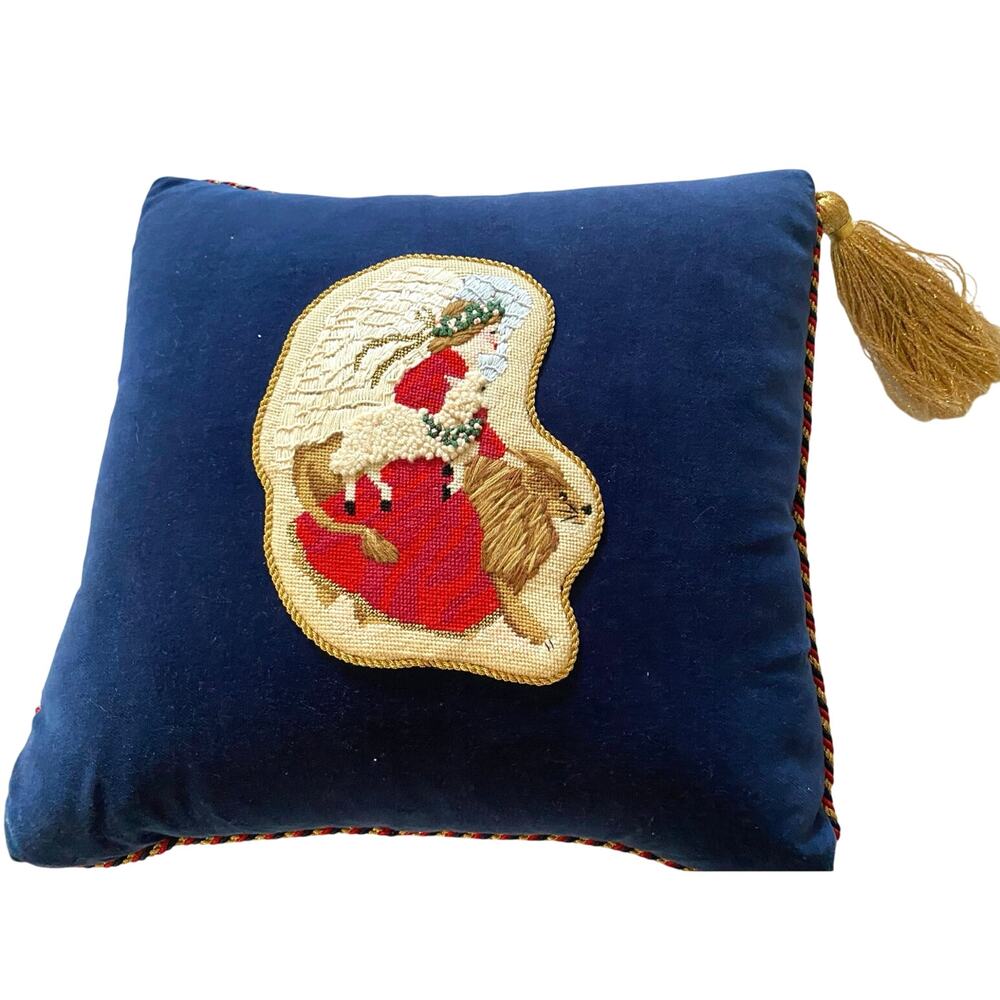 Blue velvet Needlepoint applique Christmas pillow large gold tassel and trim